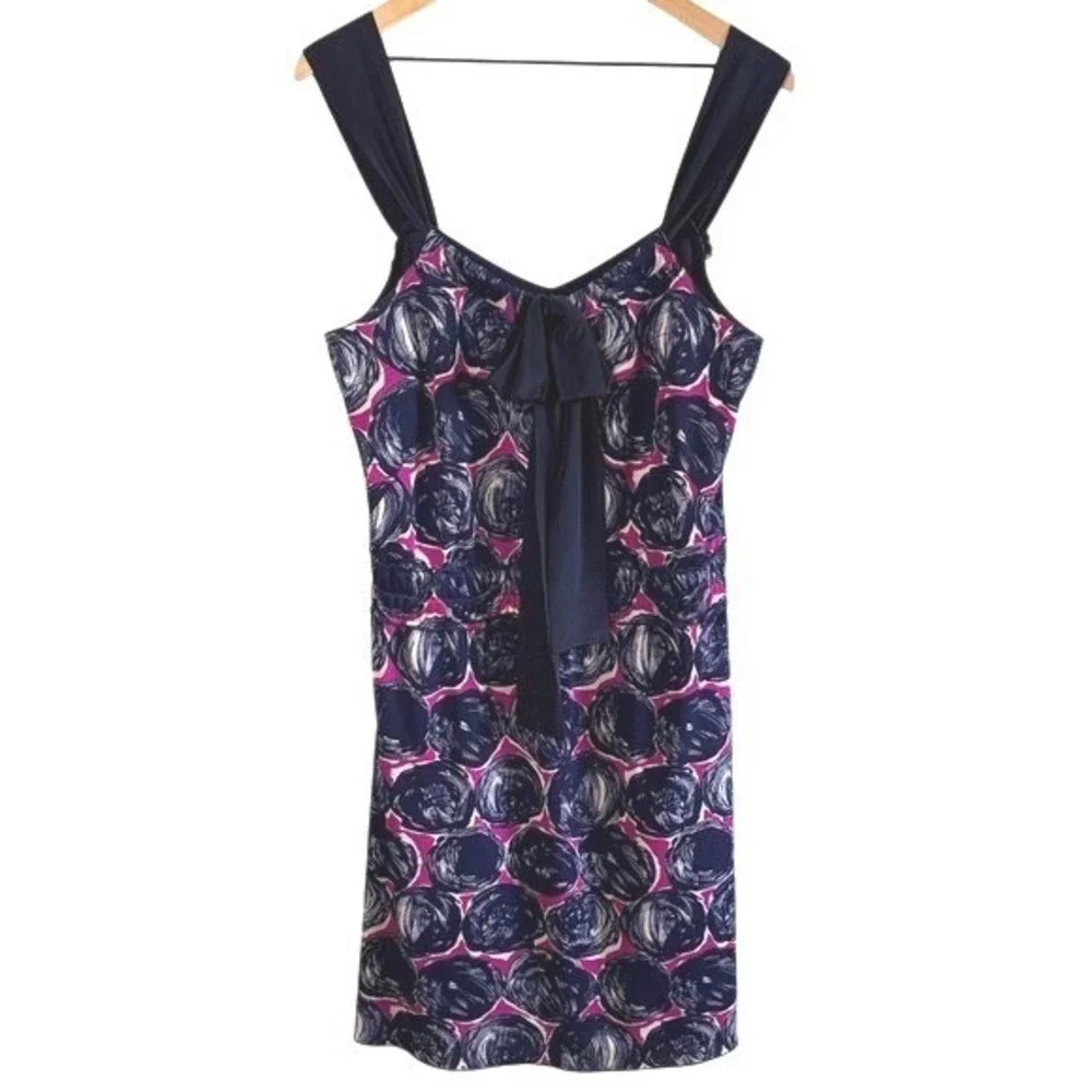 Tory Burch Silk Knit Sleeveless Dress Navy Pink‎ Floral Womens Size M Bow Fringe